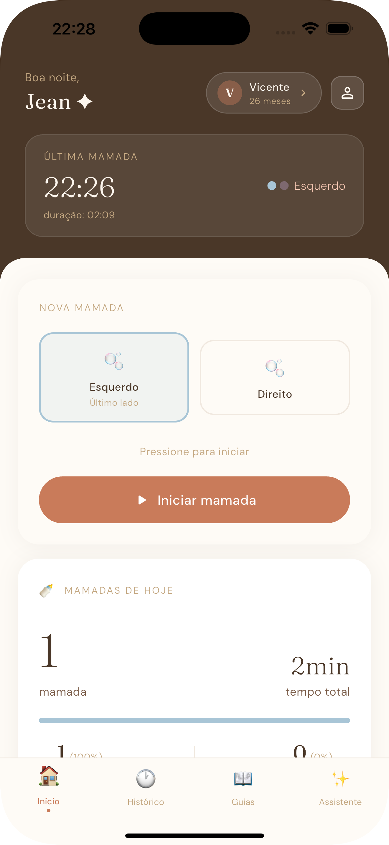 Interface do app First Food mostrando timer de mamada e histórico