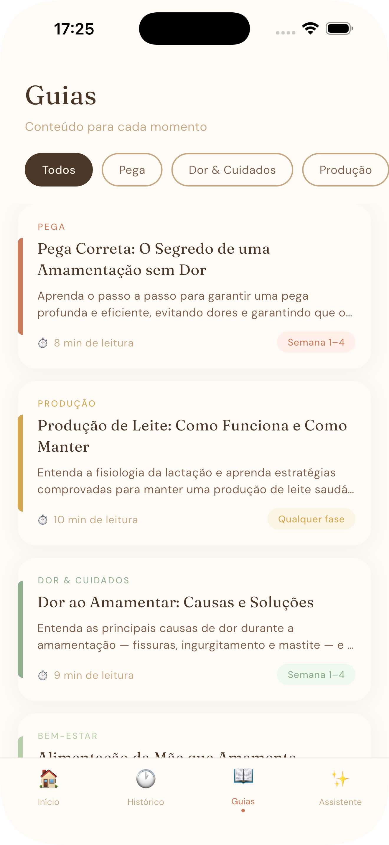 Tela de Guias do app First Food com conteúdos sobre pega correta e produção de leite