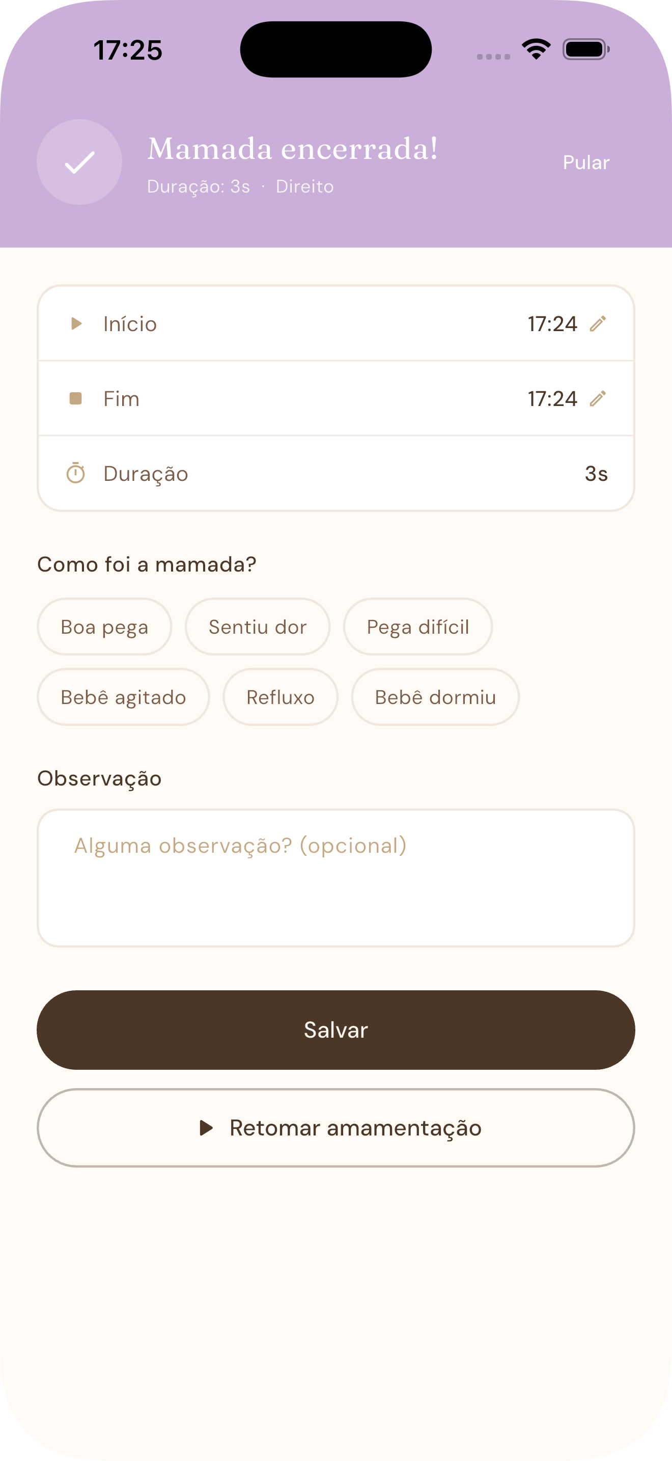 Tela de registro de mamada encerrada no app First Food, com duração e observações
